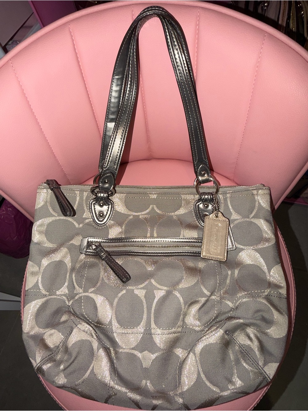 Coach Poppy Signature Metallic Tote Bag in Silver